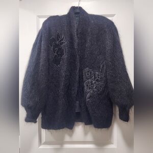 Vintage Lee Sands Floral Embroidered Angora Blend Cardigan. Lagenlook. Boho.